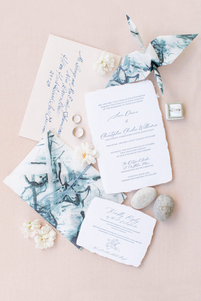 Japanese inspired Charleston wedding invitations. Pink and blue.