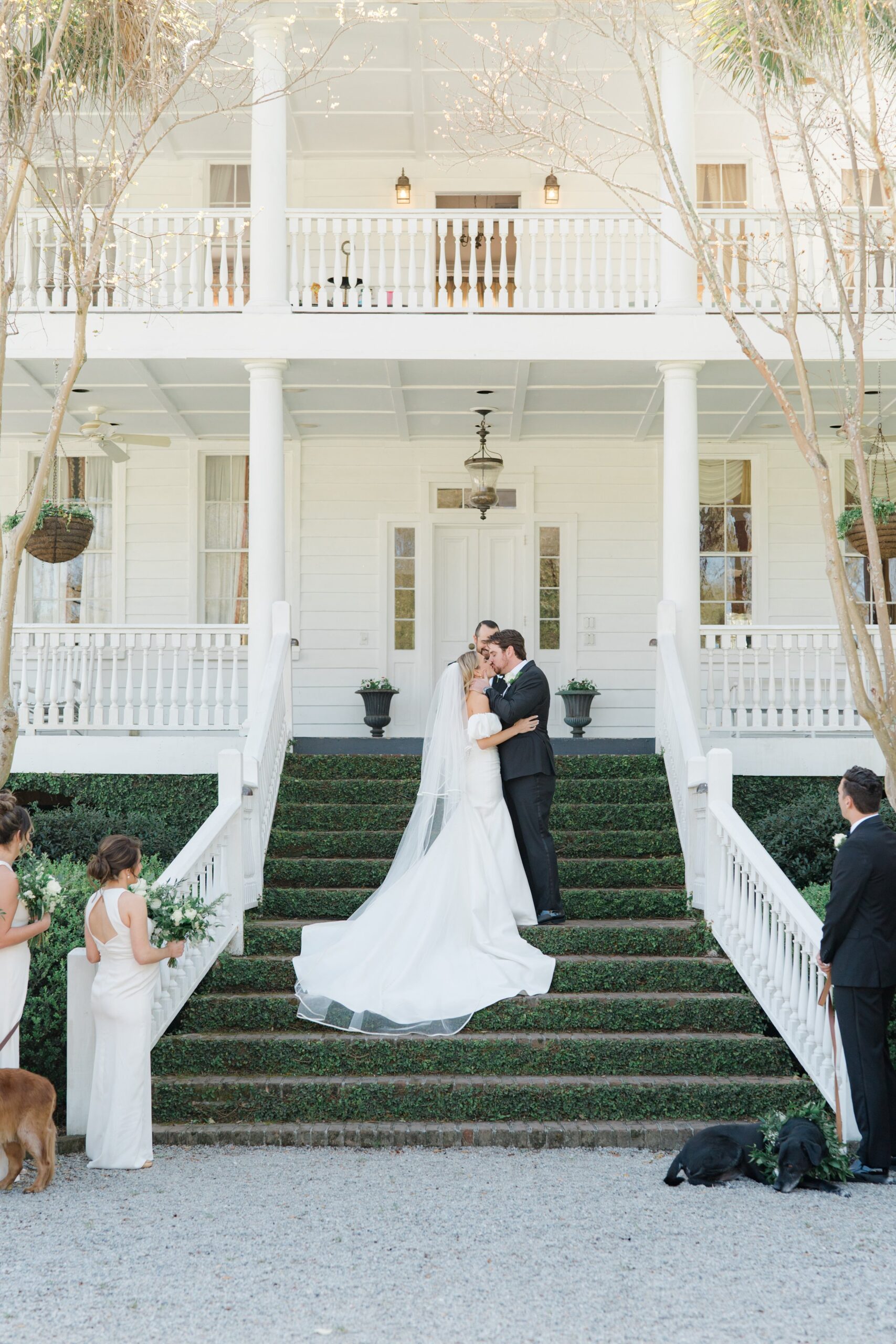First Kiss at Old Wide Awake. Charleston spring wedding.East Coast Outdoor Destination Wedding Photographer