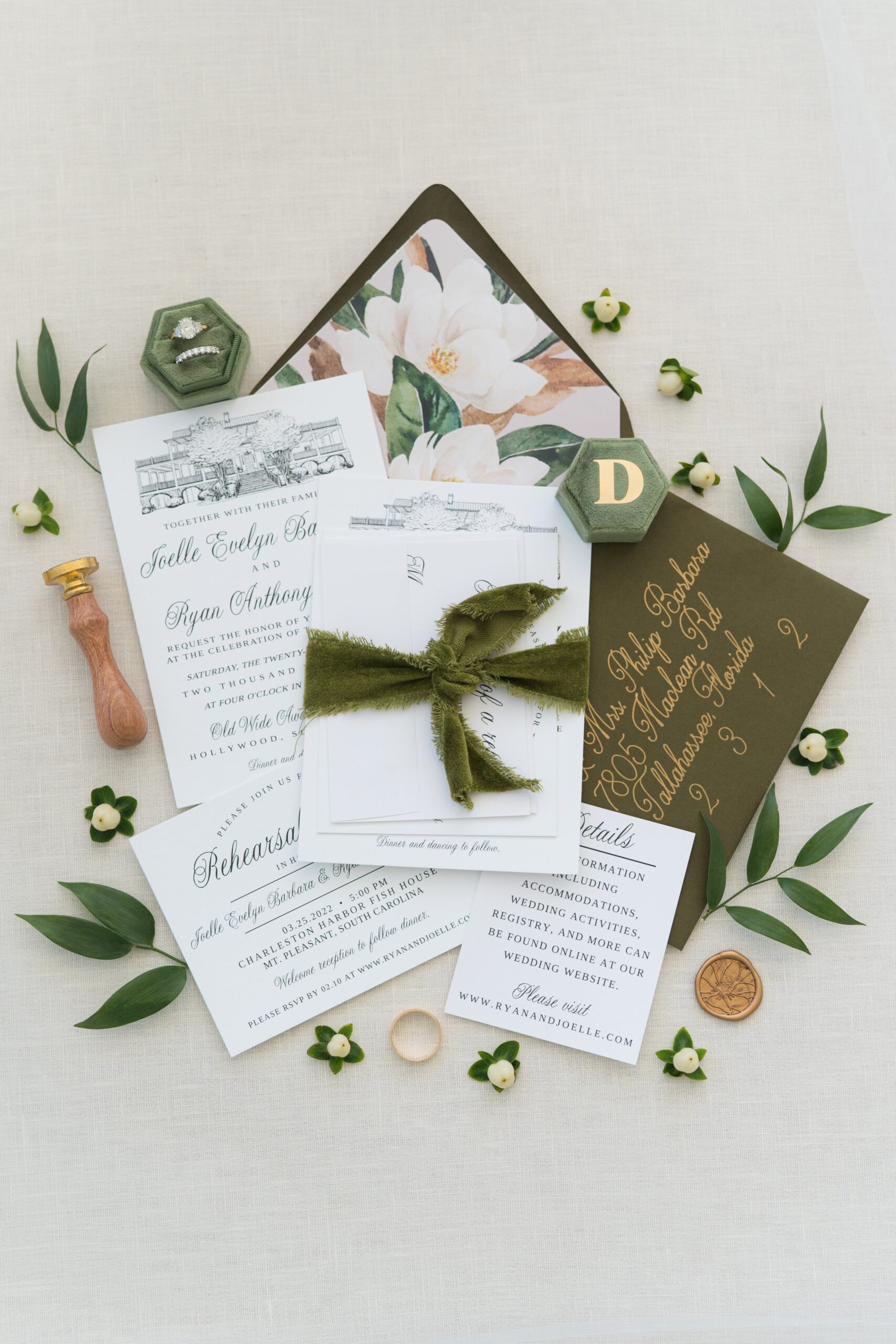Custom script wedding invitiations. Green and white. Charleston destination outdoor wedding photographer