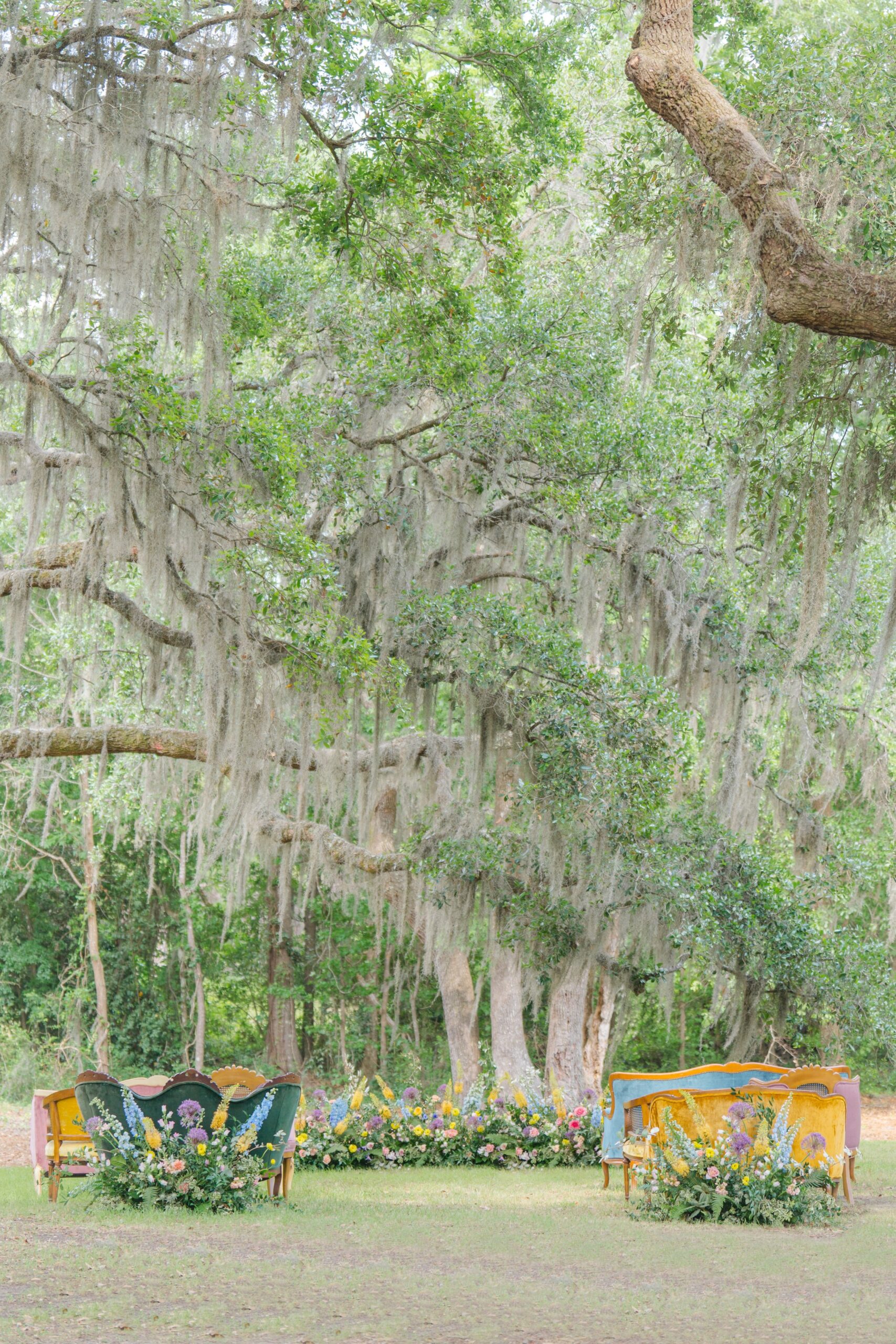 whimsical intimate wedding ceremony with vintage couches and wildflowers under spanish moss