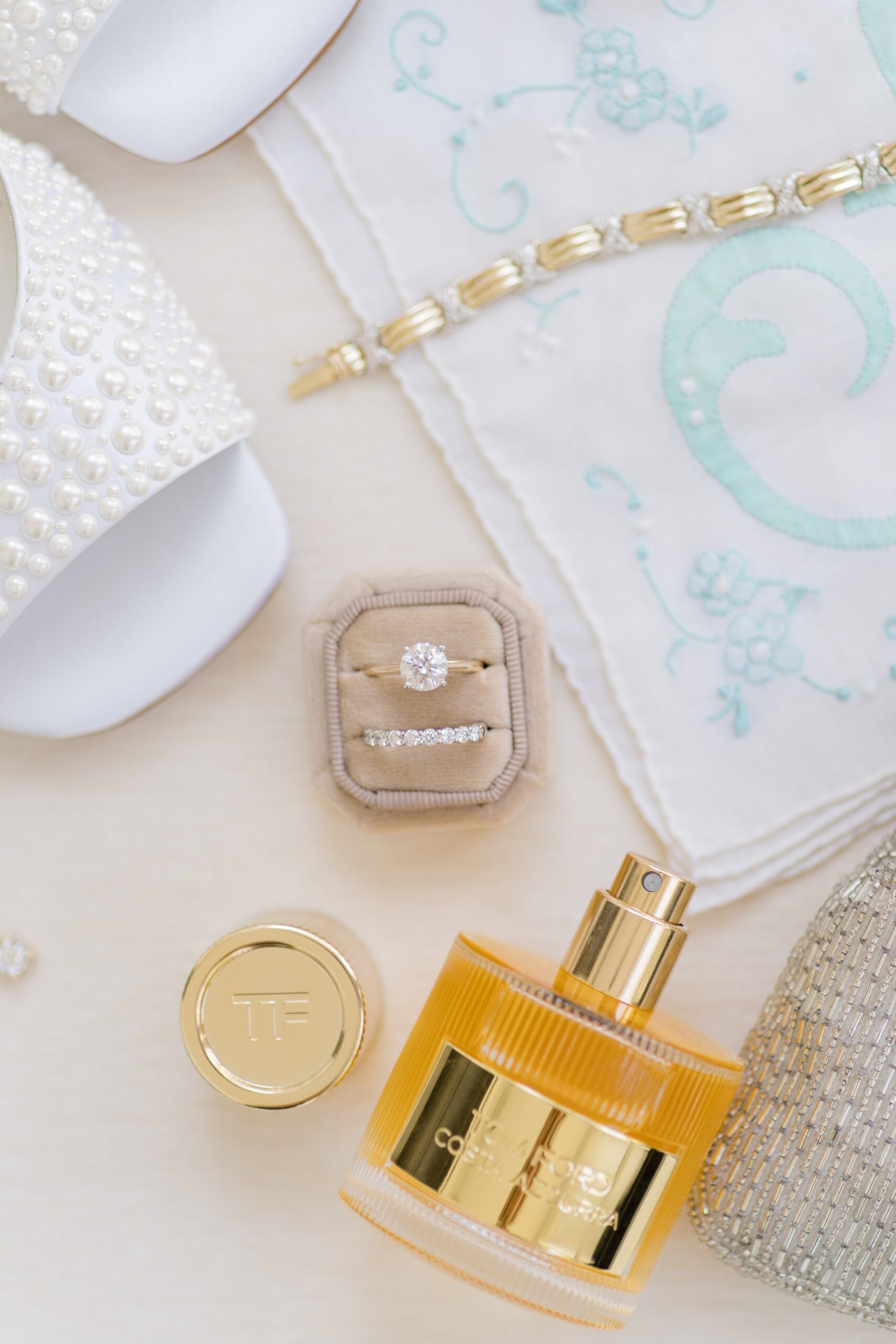 Mrs. ring box and bridal details with tom ford perfume