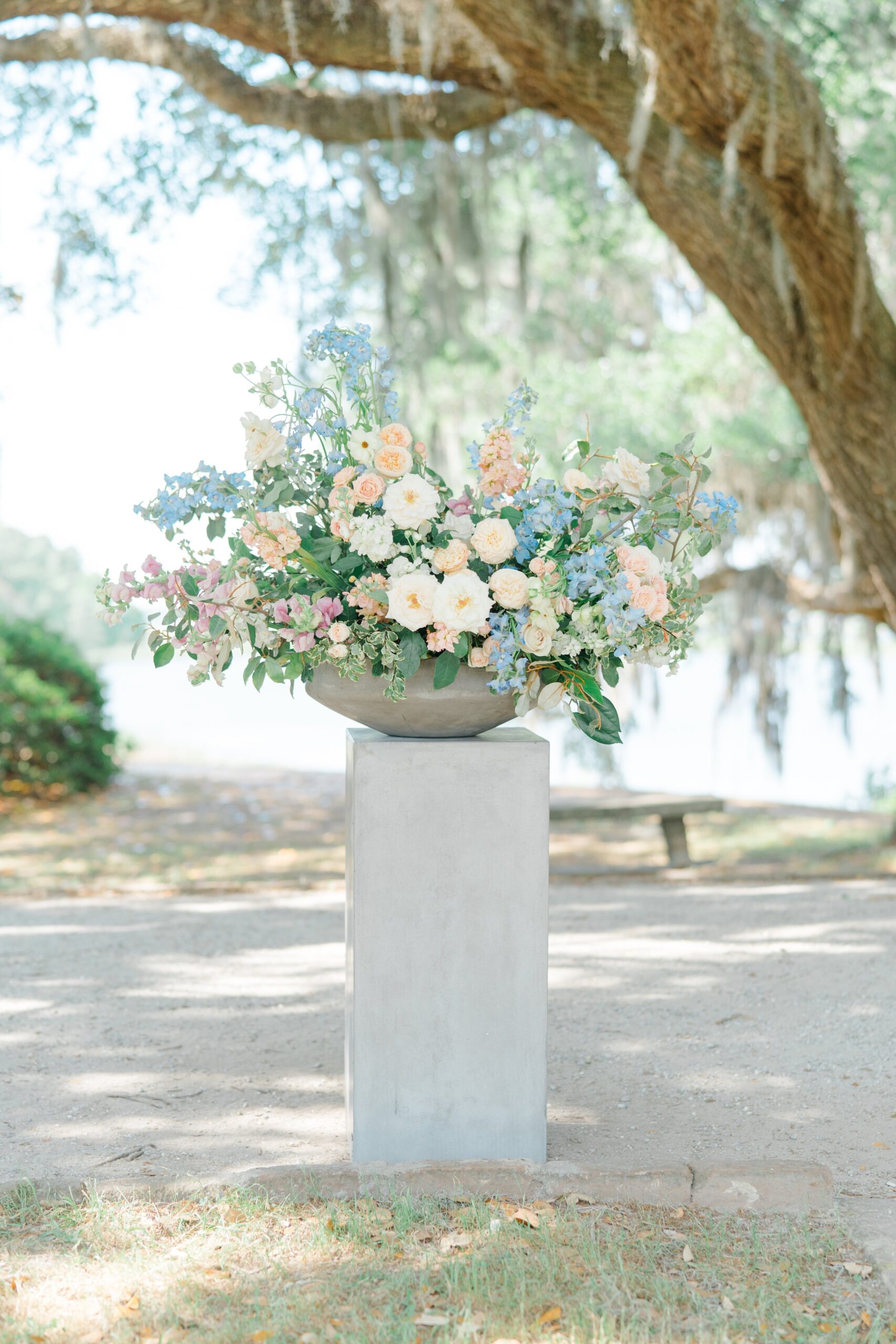 Middleton place wedding ceremony pedestal flowers