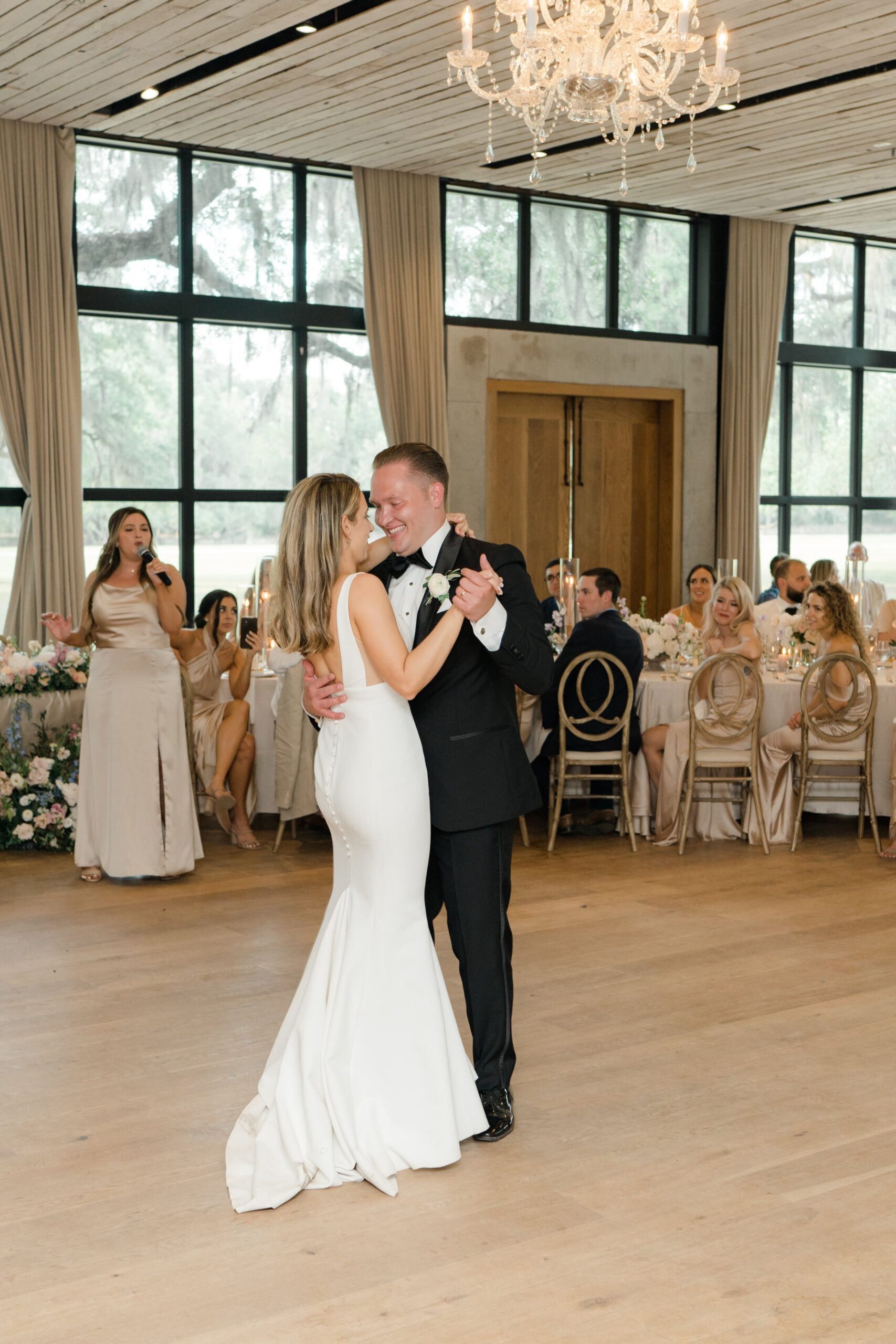 First dance Middleton Place reception with chandelier