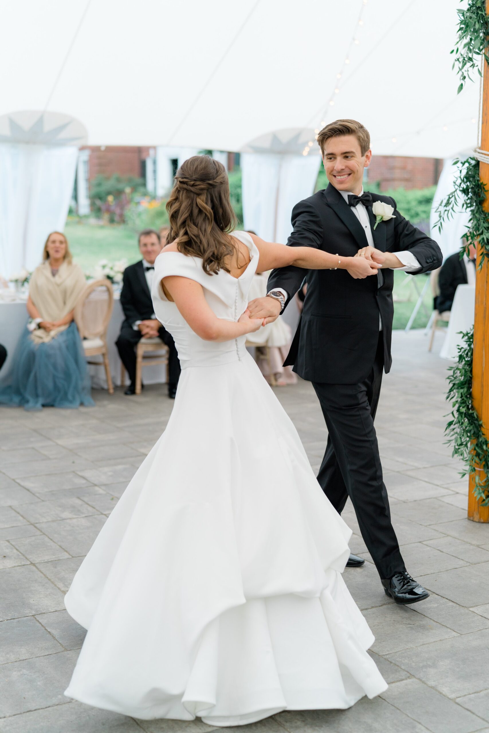 Bridgerton inspired first dance at summer outdoor wedding reception at the Bradley Estate.