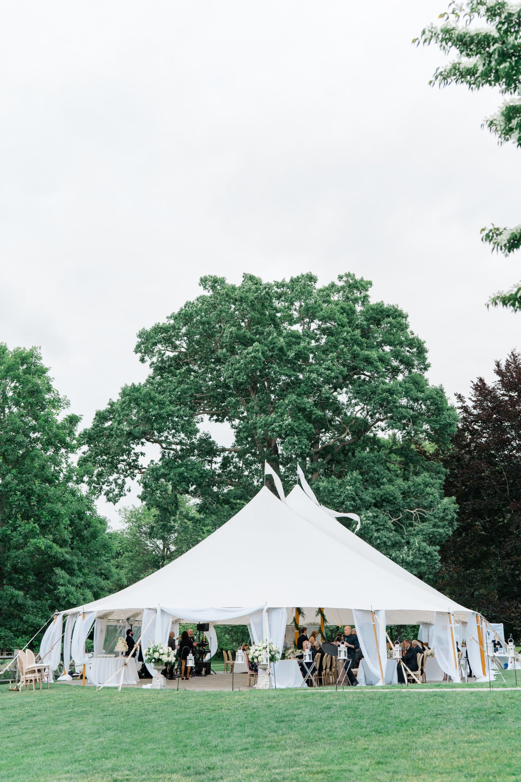 sperry tent topped with flowing white flags nestled amongst lush greenery at Bradley Estate outdoor wedding reception.