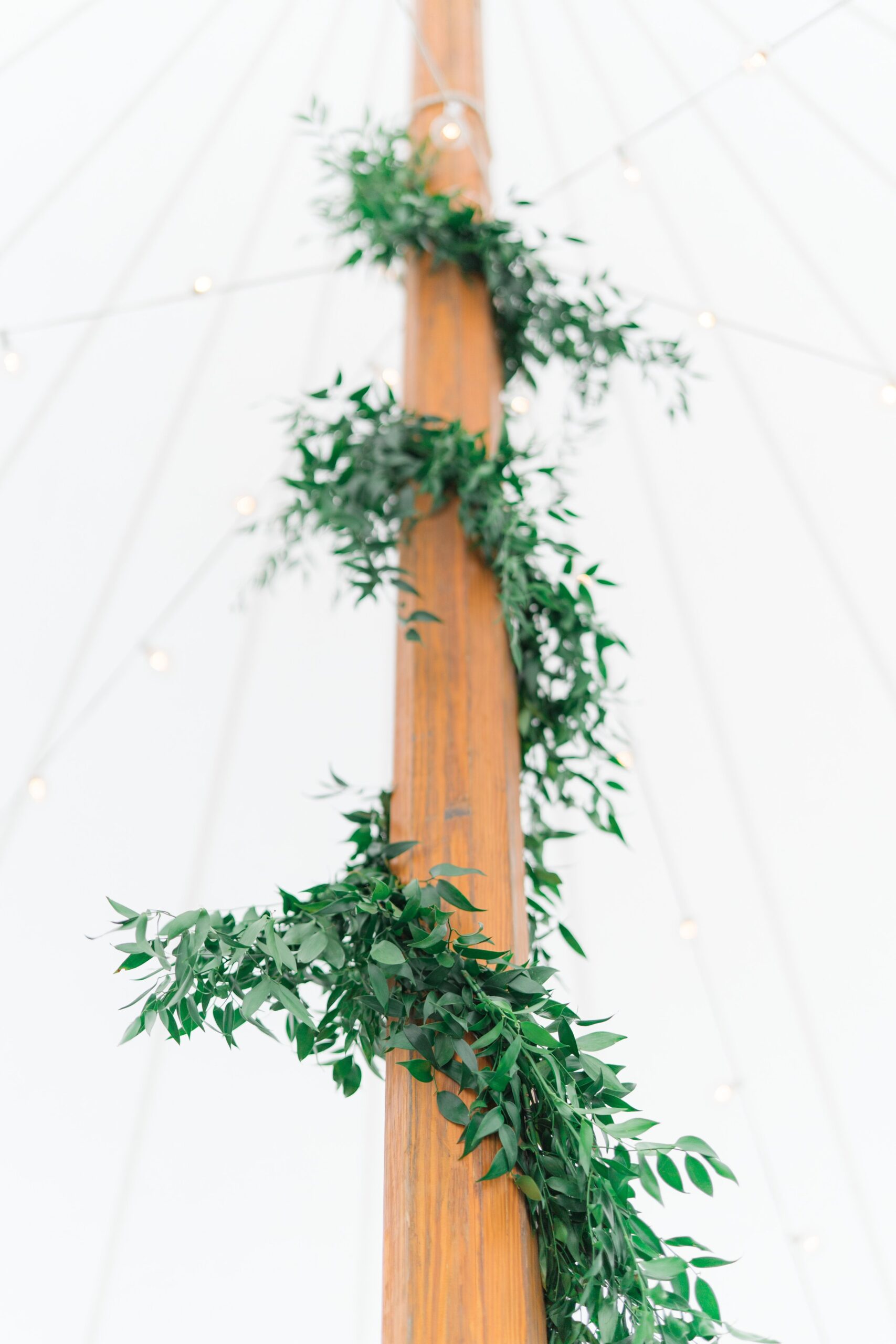 Wooden tent pole wrapped in lush greenery. Boston wedding photographer.