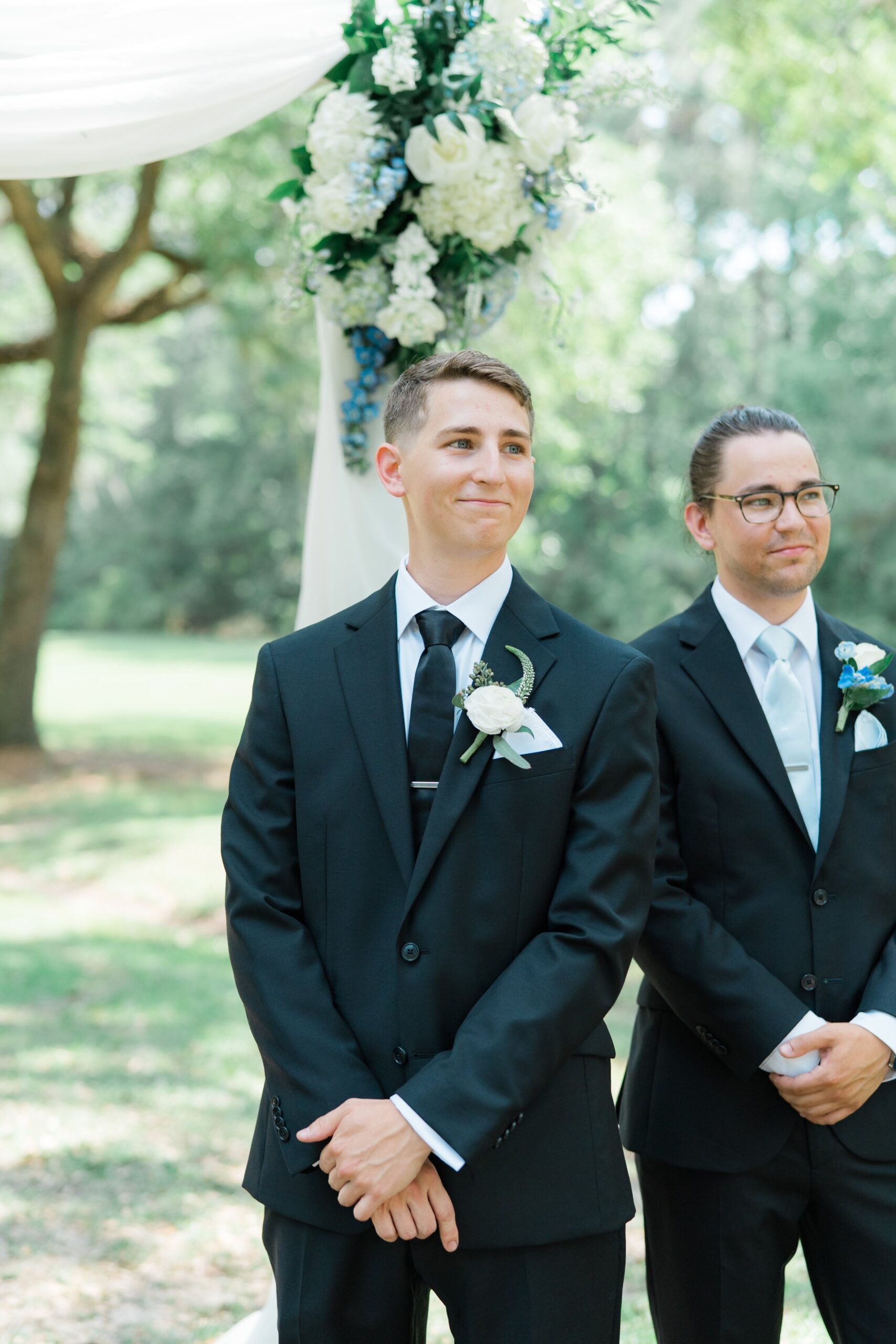 happy groom at lowcountry outdoor wedding ceremony
