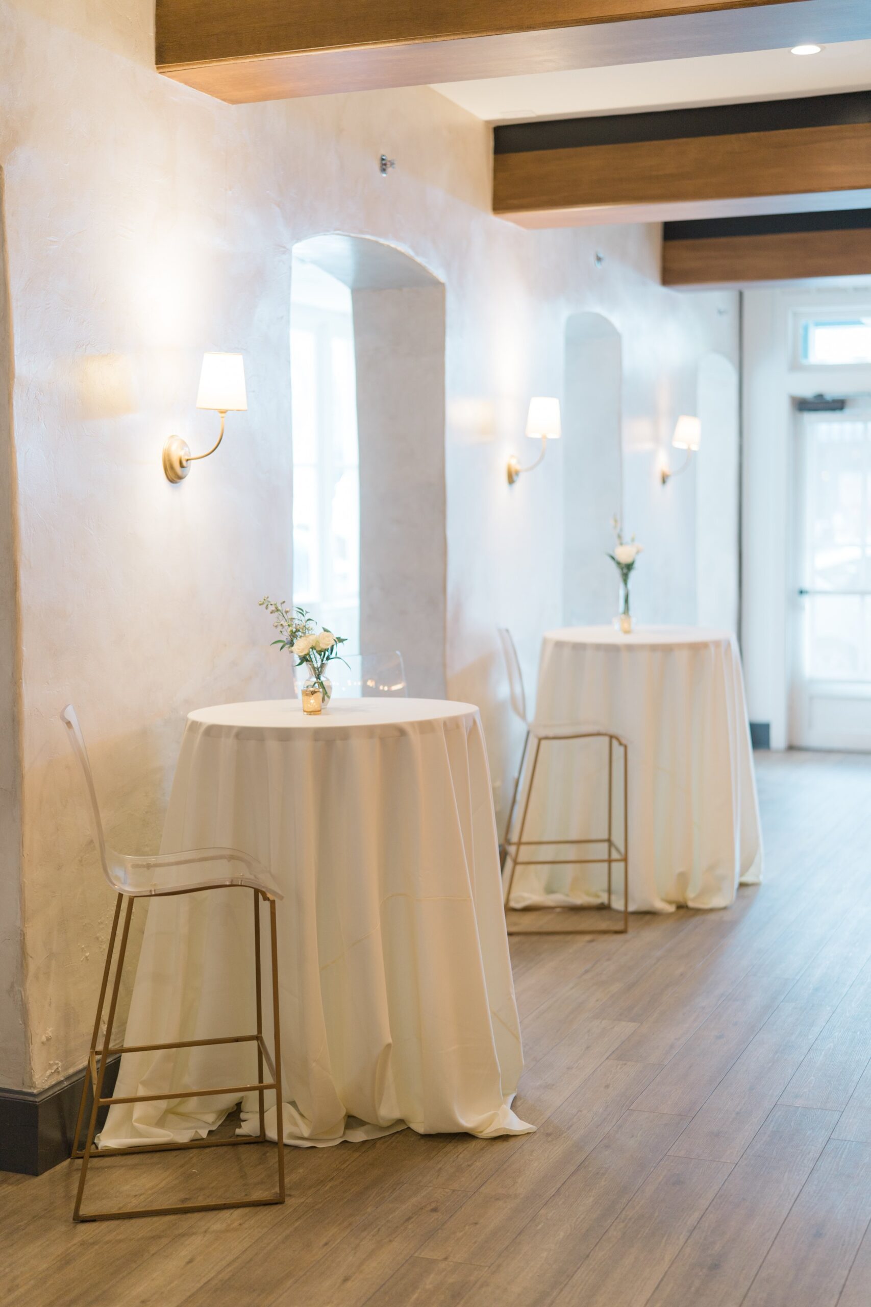 simple and elegant cocktail hour wedding reception set up at parcel 32 in downtown Charleston