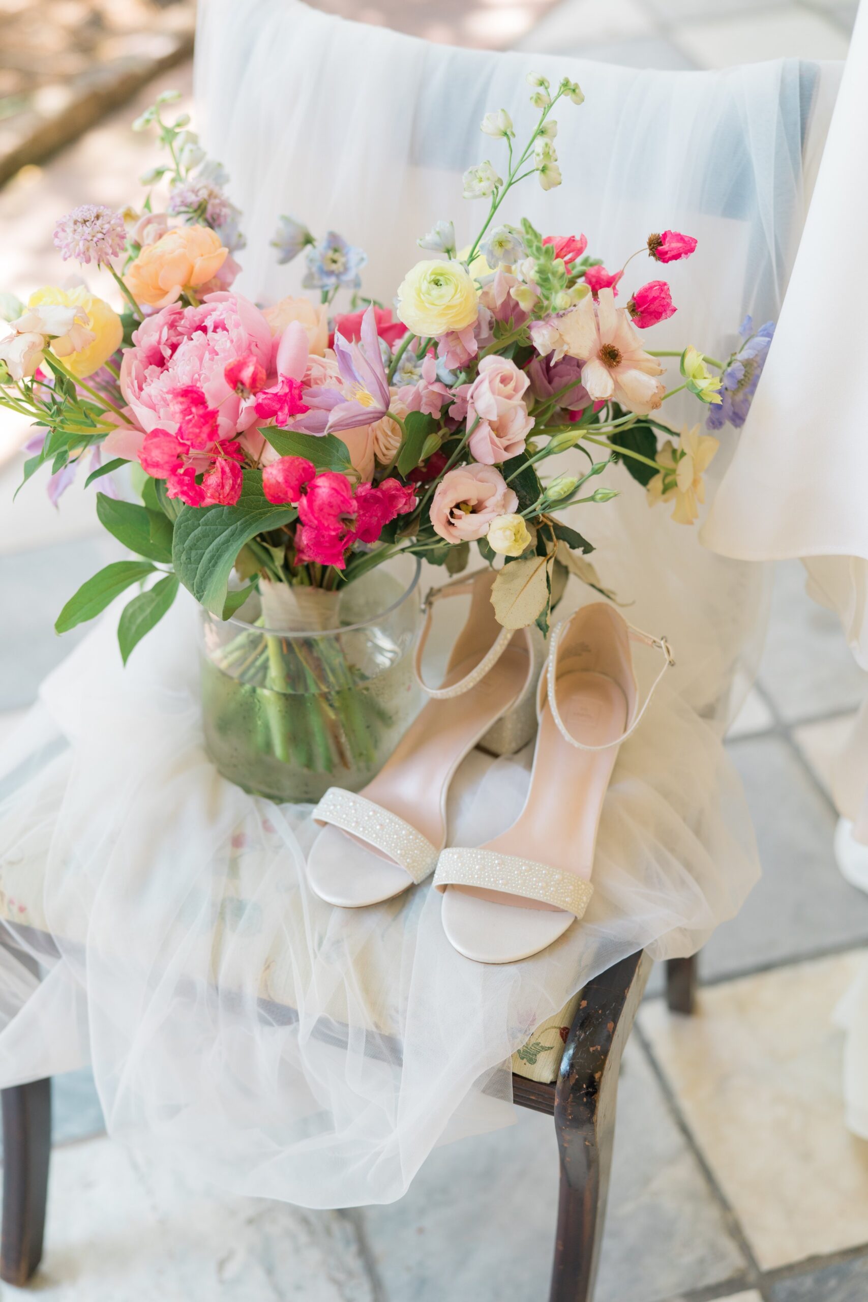 bold spring colors with bridal heels and veil