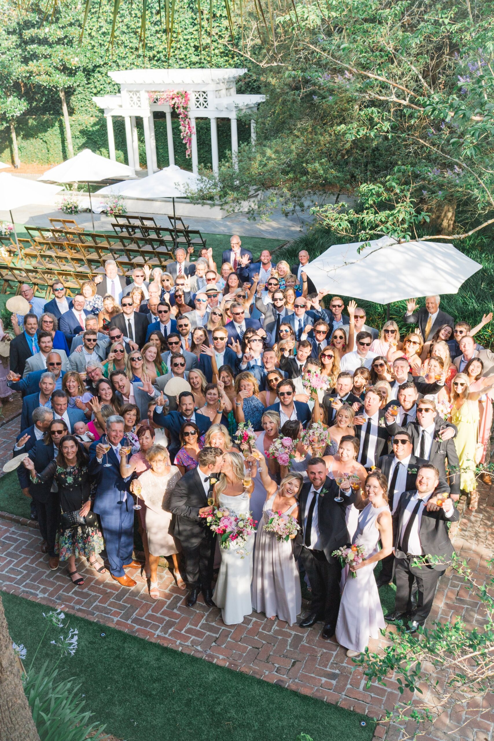 all wedding guest big overhead group shot at william aiken house