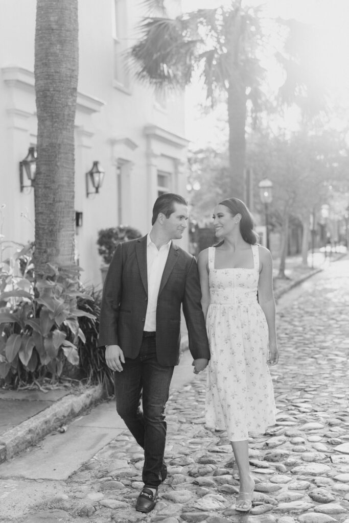 Black and white film photo. Charleston engagement session.