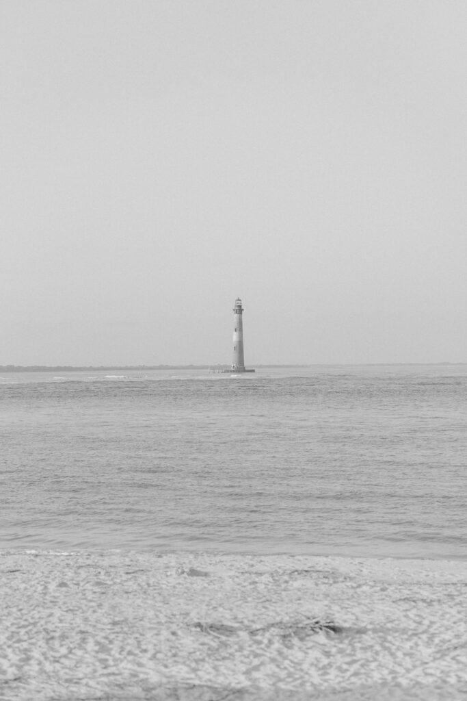 Morris Island Lighthouse. Black and white film photo. 