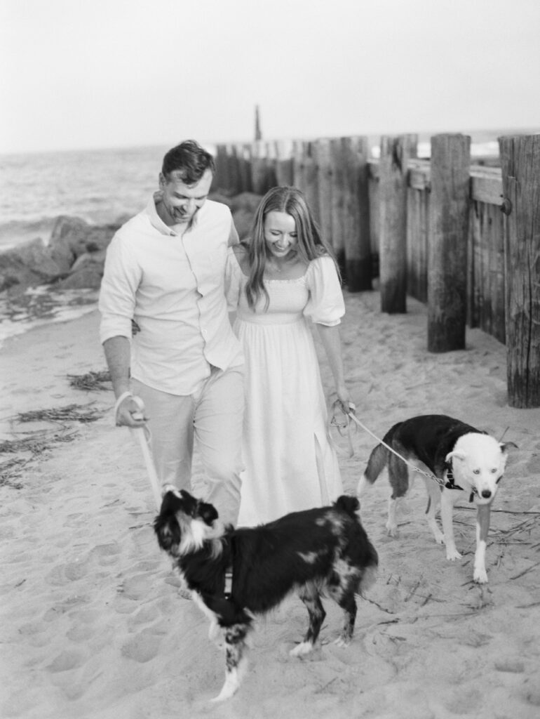 Black and white film photo of couple walking on the beach with their dogs. 