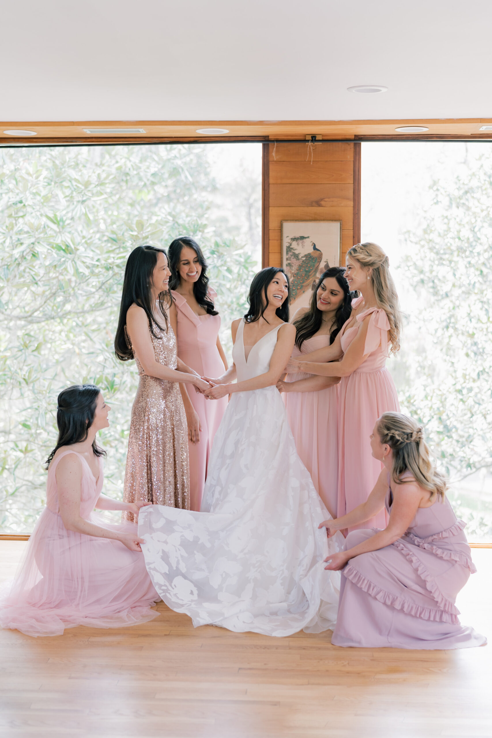 Bride and her bridesmaids in the bridal suite at the Middleton Place Inn.