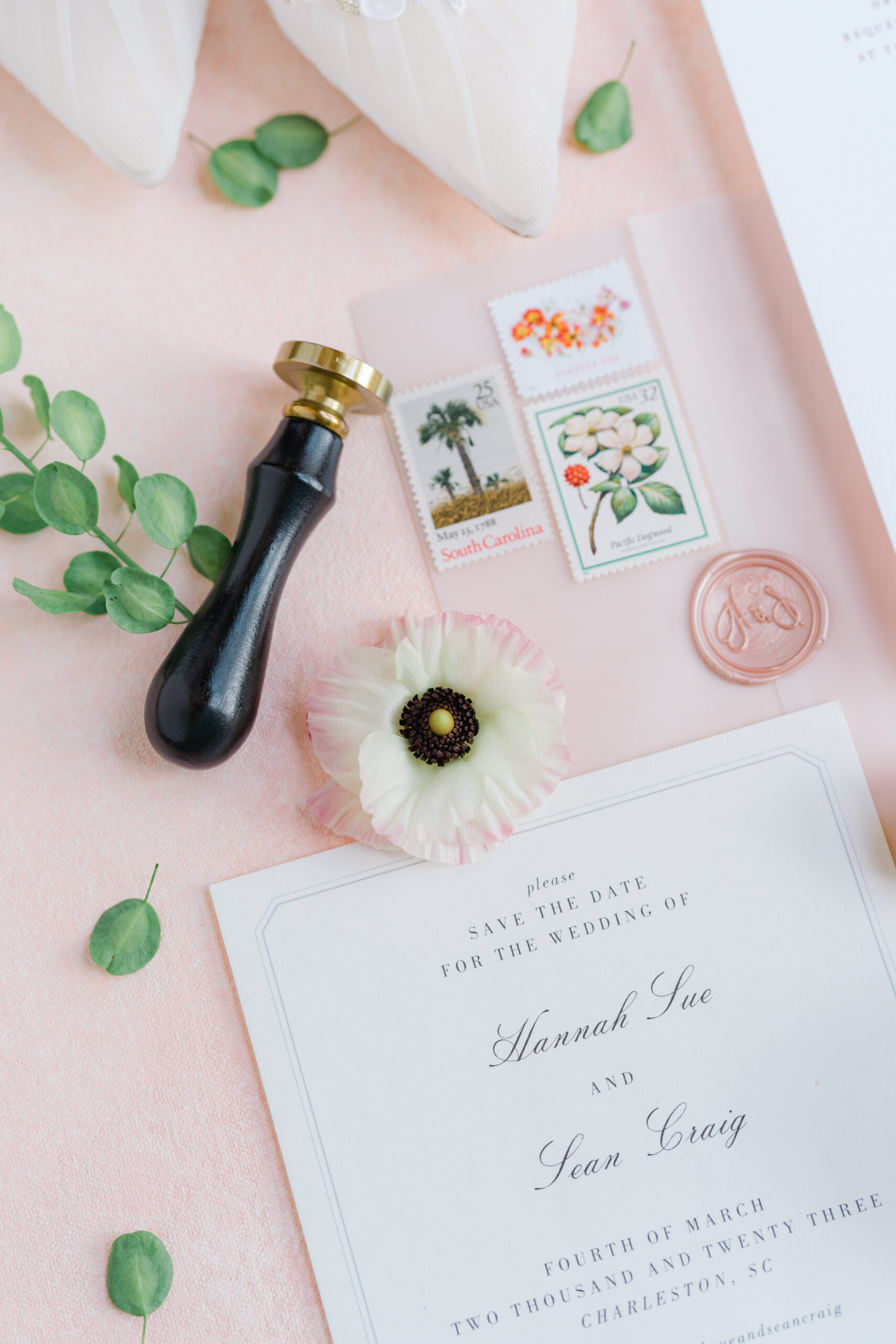 Stamps and wax seal press with wedding save the date. South Carolina stamps.