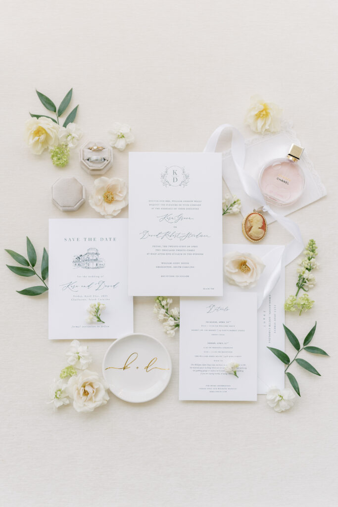 Classic green and white wedding day details. Pink chanel perfume and family heirlooms. Charleston spring wedding. 