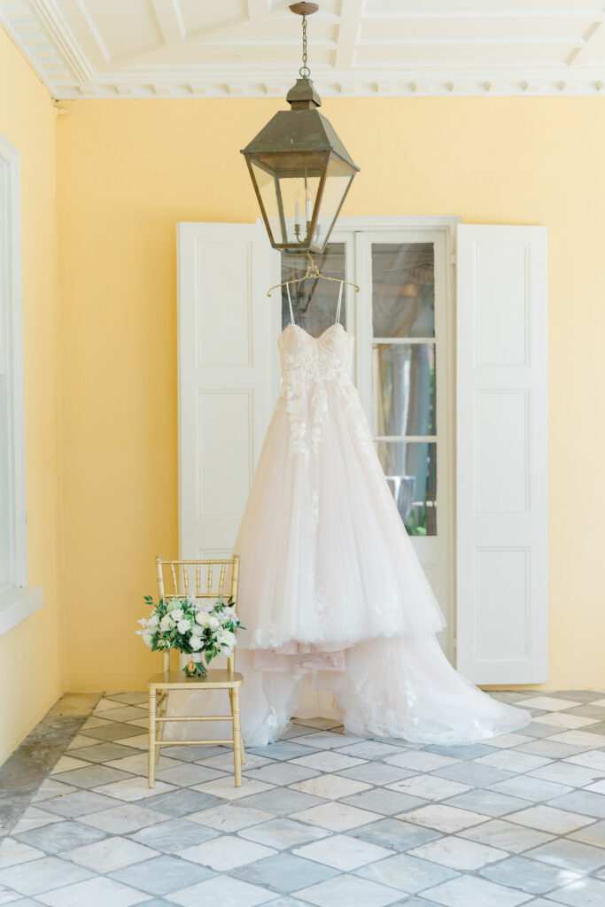 Wedding dress hanging at William Aiken House. Charleston bride. 