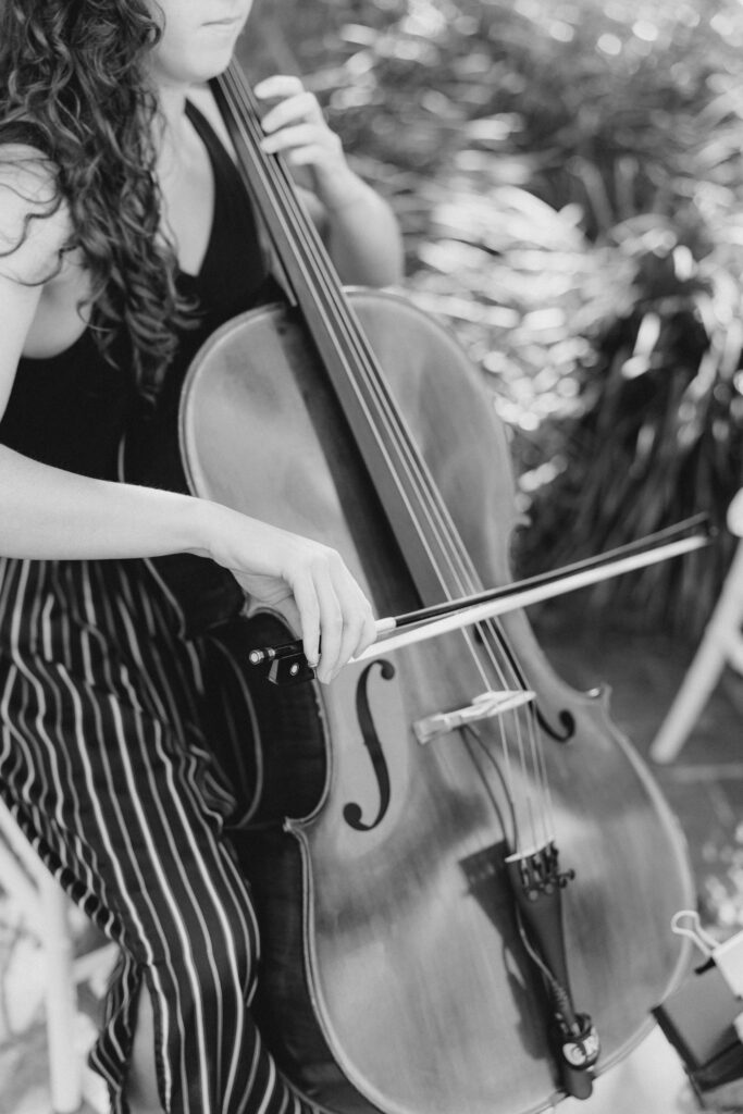 Strings at wedding ceremony. Black and white photo playing the cello.
