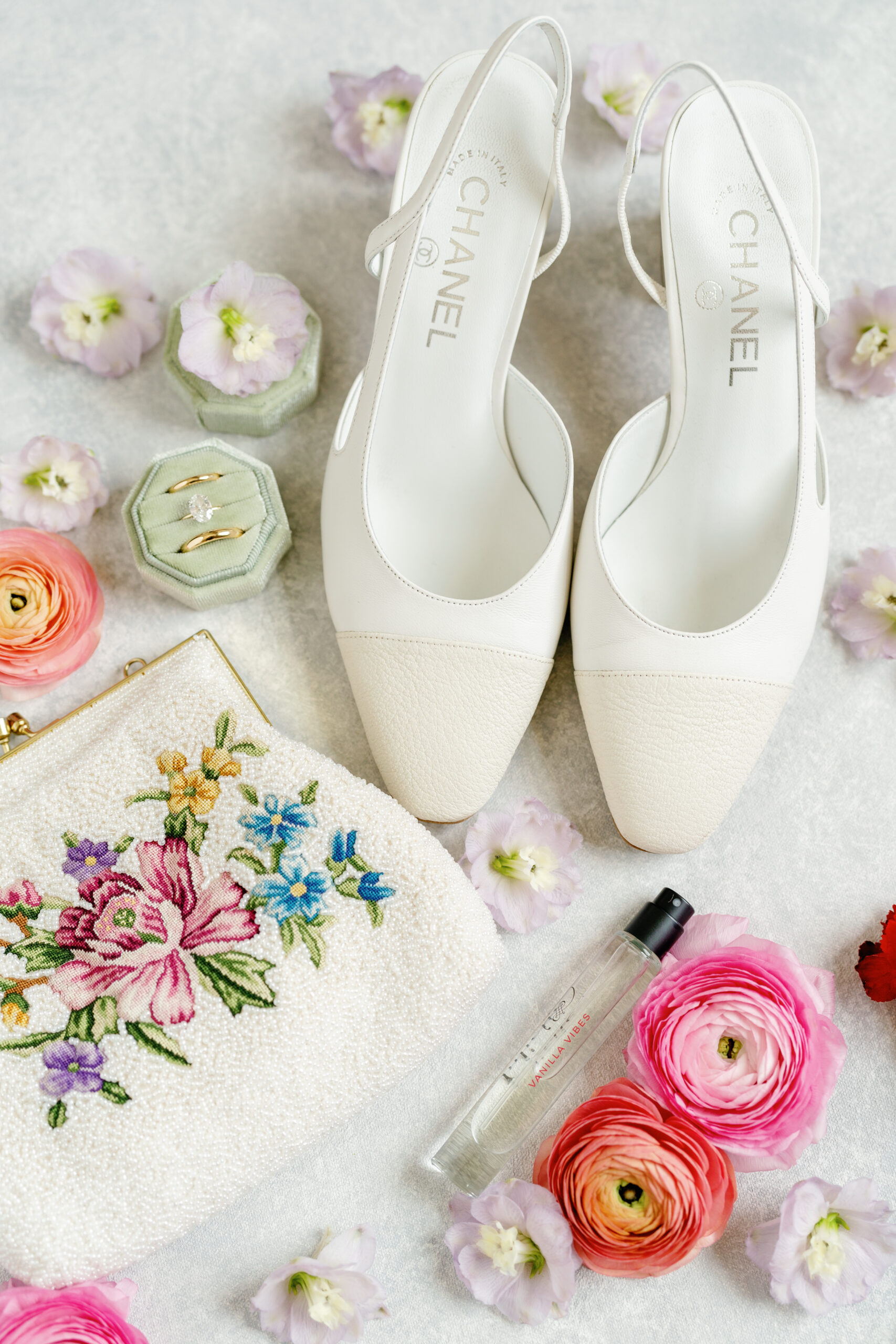 Chanel heels. Charleston wedding. Purse with flower on it.