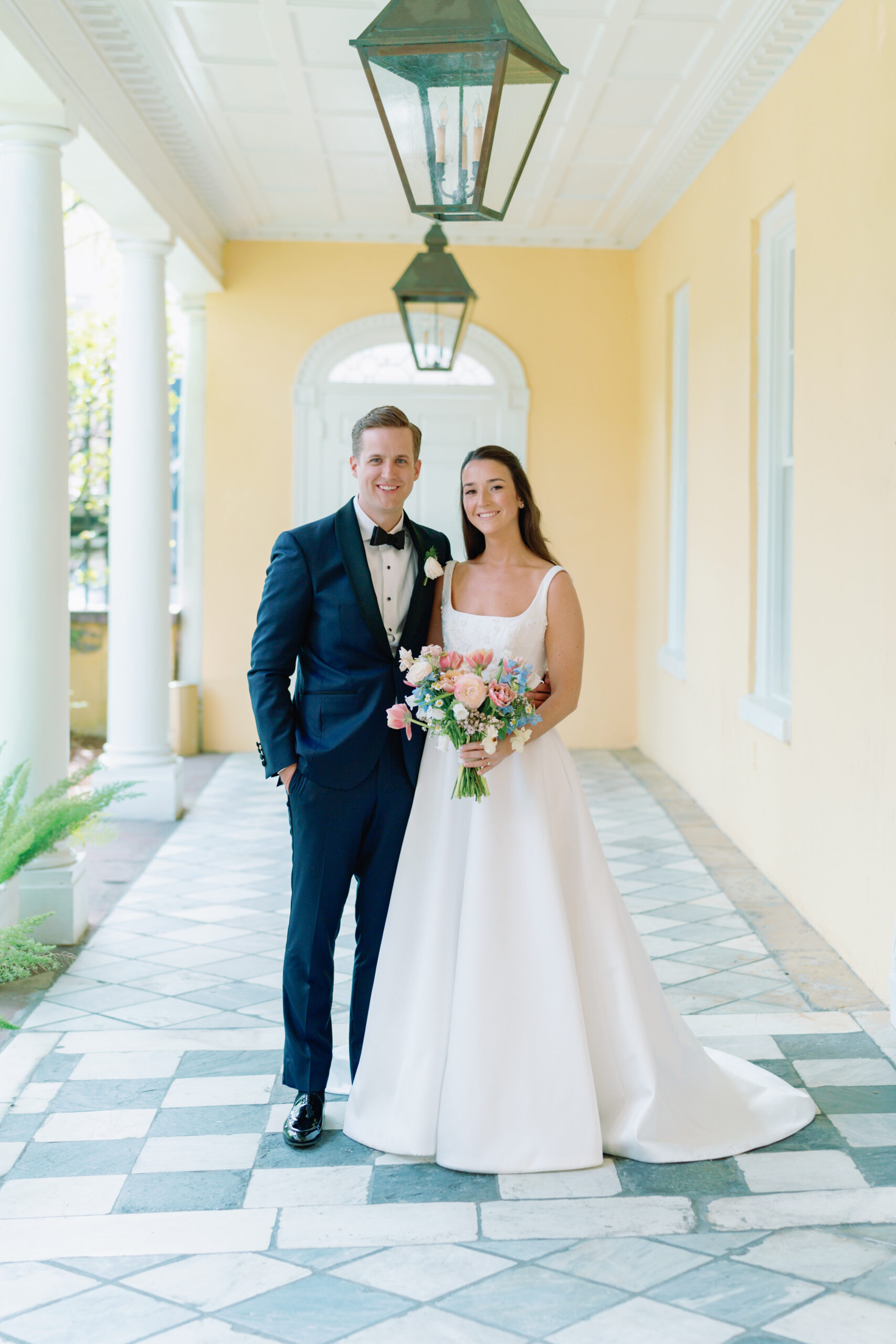 Bride and groom portrait after first look. Charleston spring wedding.