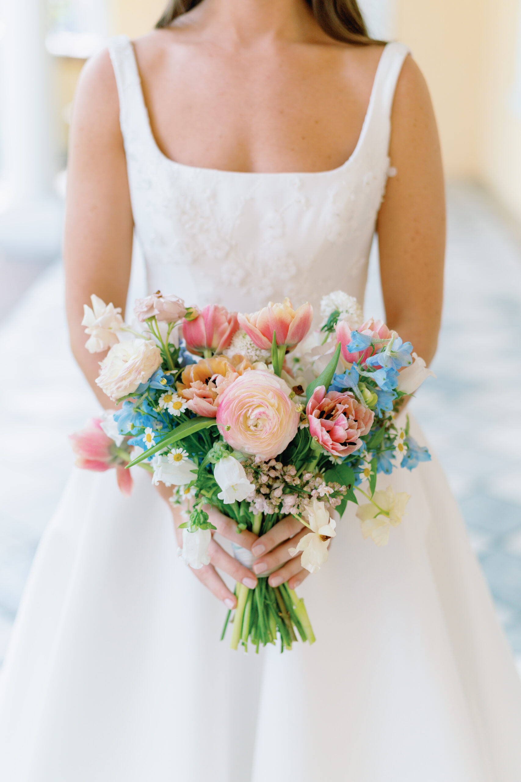Charleston bride floral bouquet. Mix of pink, blue, white, and green flowers. 