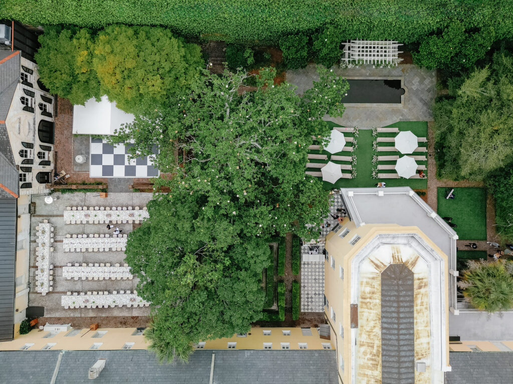 Drone shot from above of wedding lay out at William Aiken House. 