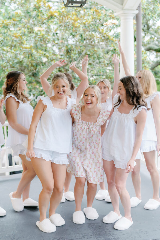 Bride and her friends in cute wedding day pajamas. 