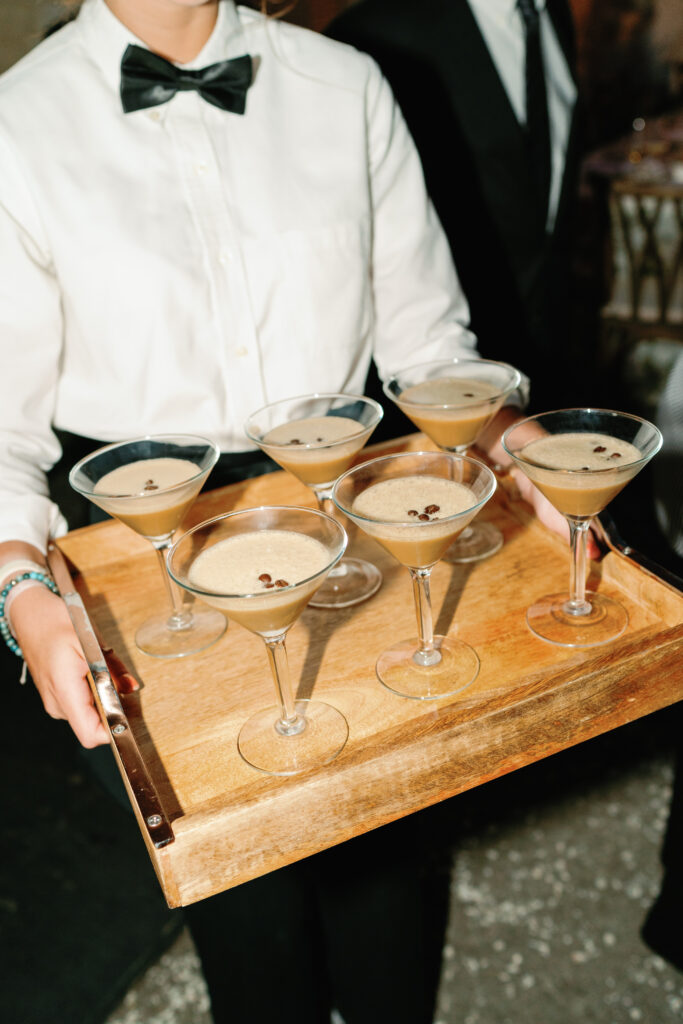 Front flash photo of late night cocktails. Espresso martinis served on a tray. Charleston photographer. spring wedding at william aiken house.