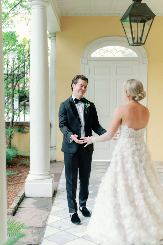Bride and groom emotional first look at william aiken house. 