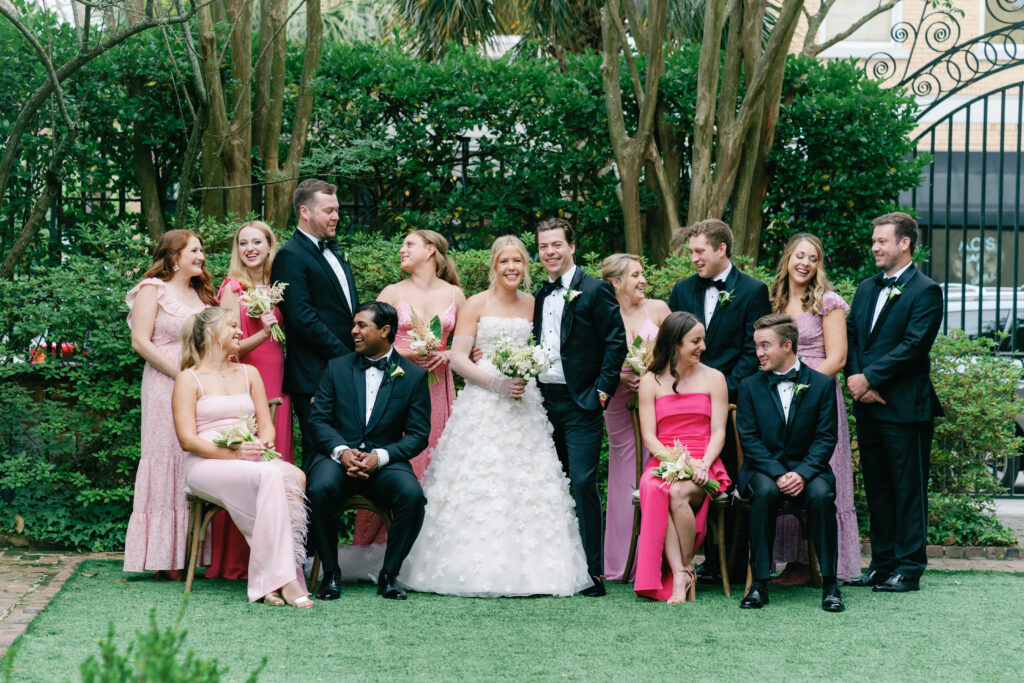 Bridal party group photo at spring william aiken house wedding. 