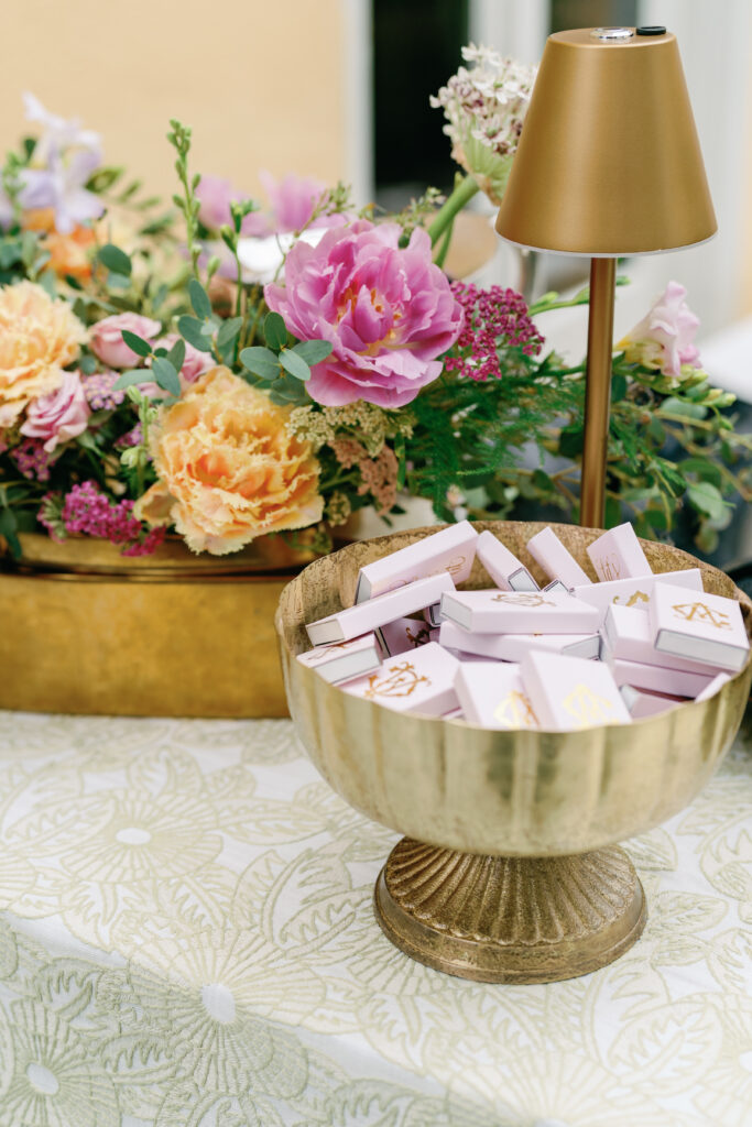 Custom pink wedding matchboxes with gold lettering. spring wedding day details. 