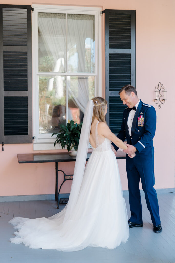 Air Force veteran father of the bride sees his daughter for the first time on wedding day. 