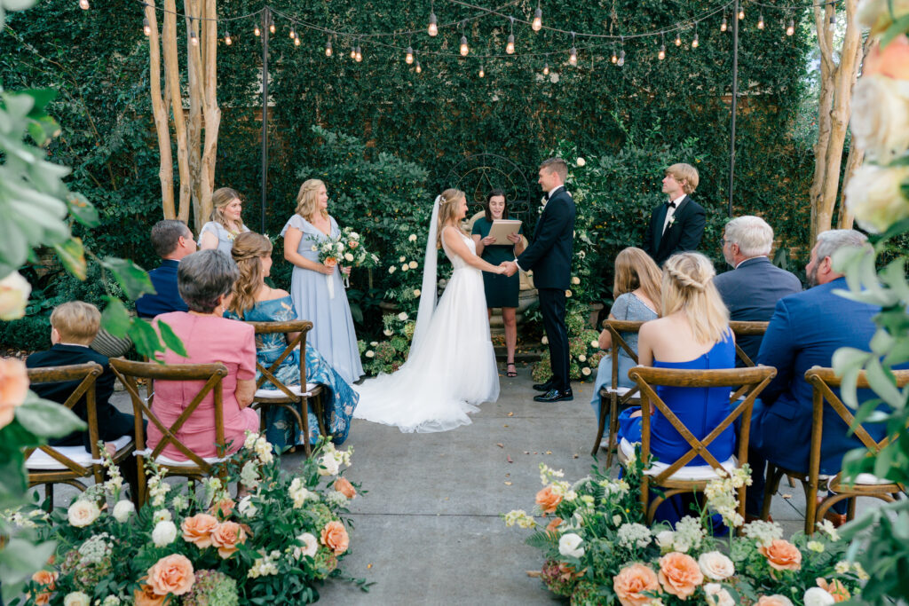Small guest count, courtyard wedding ceremony in downtown Charleston. 