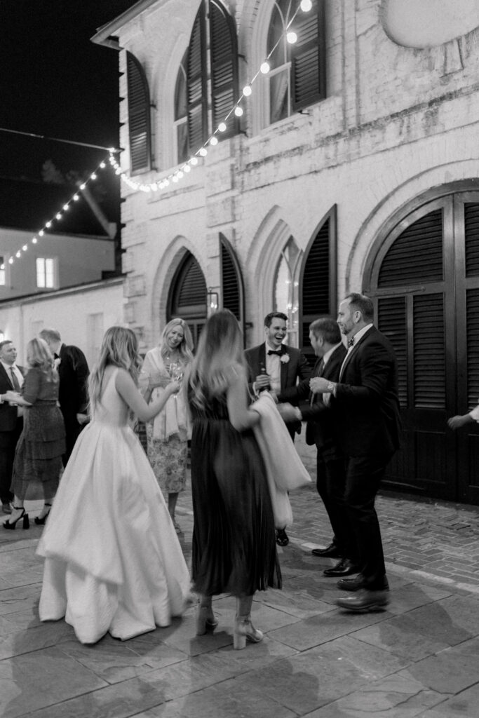 Blurry black and white wedding reception photo. 