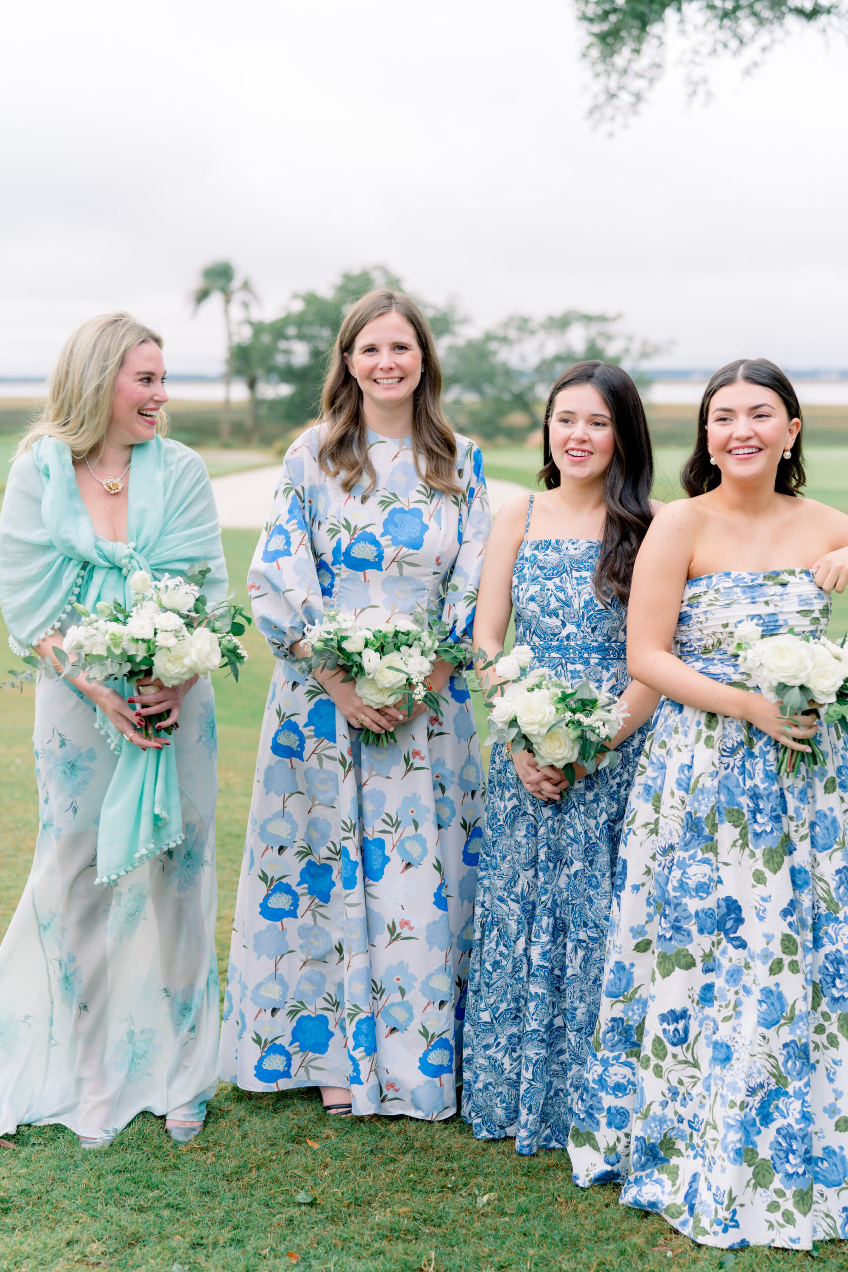Bridesmaids wait for the bride to walk up the aisle at wedding ceremony in Charleston. 