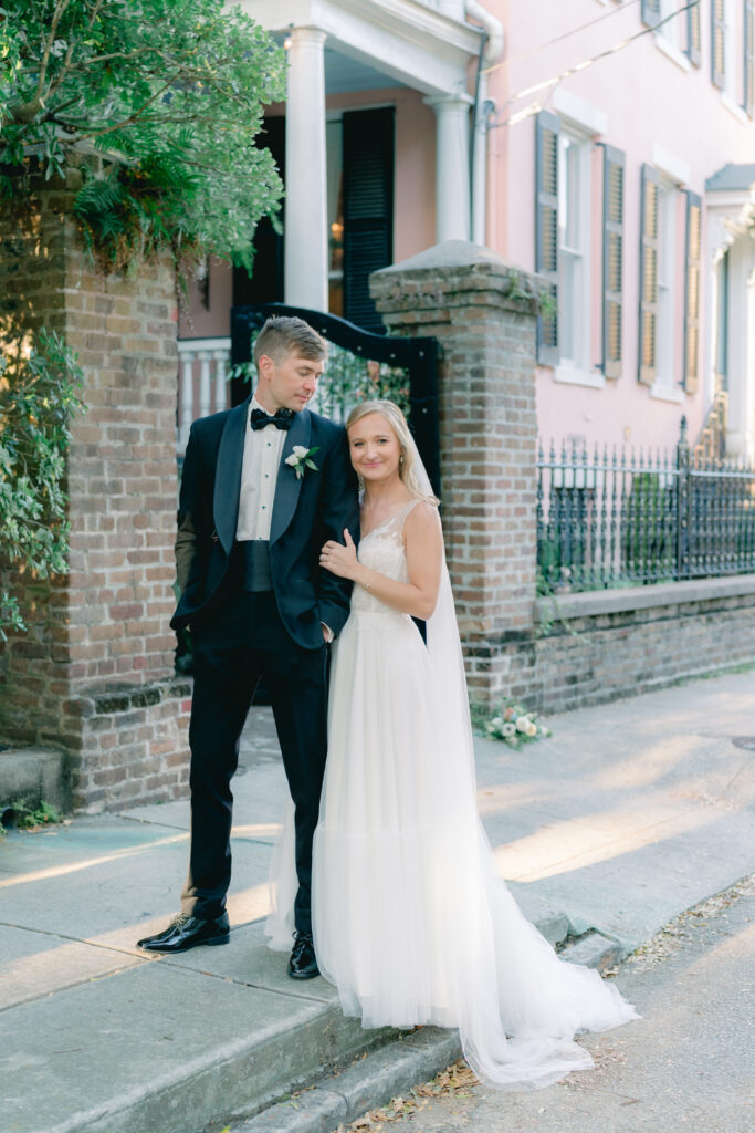 Wedding day portraits in front of the Parsonage Inn in downtown Charleston, SC. 