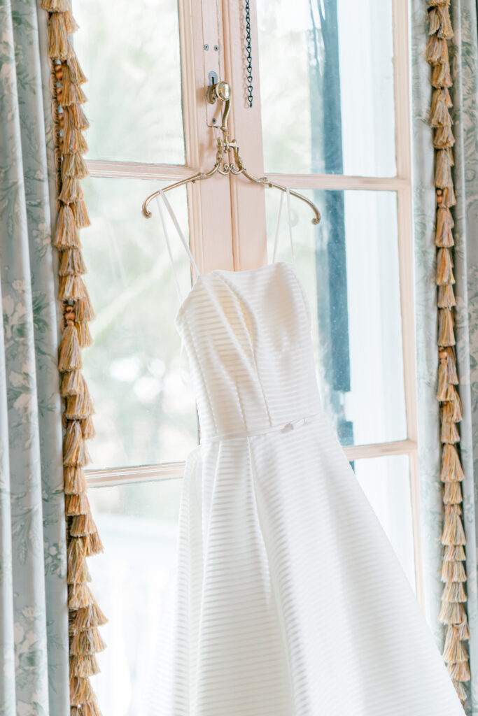 Subtle horizontal stripes on wedding dress. 