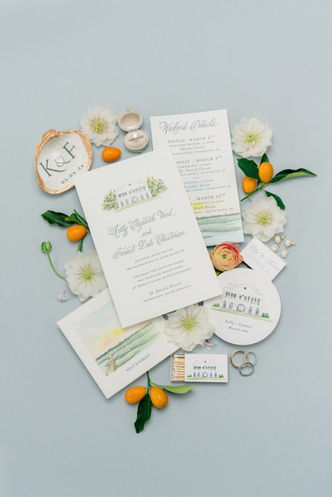 Lowndes Grove wedding invitation with kumquats. 