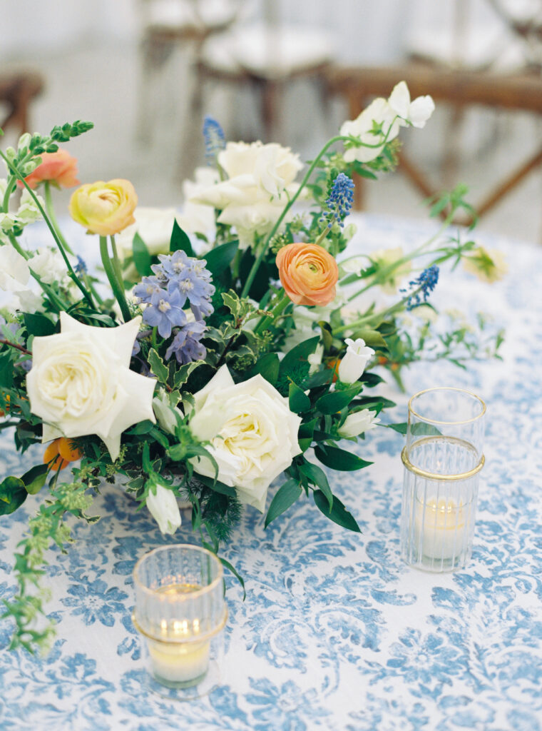 Film photo of wedding reception flowers.
