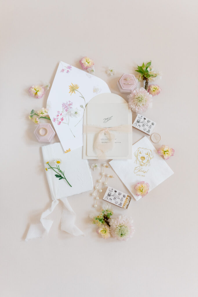 Pale pink and white wedding day details. 