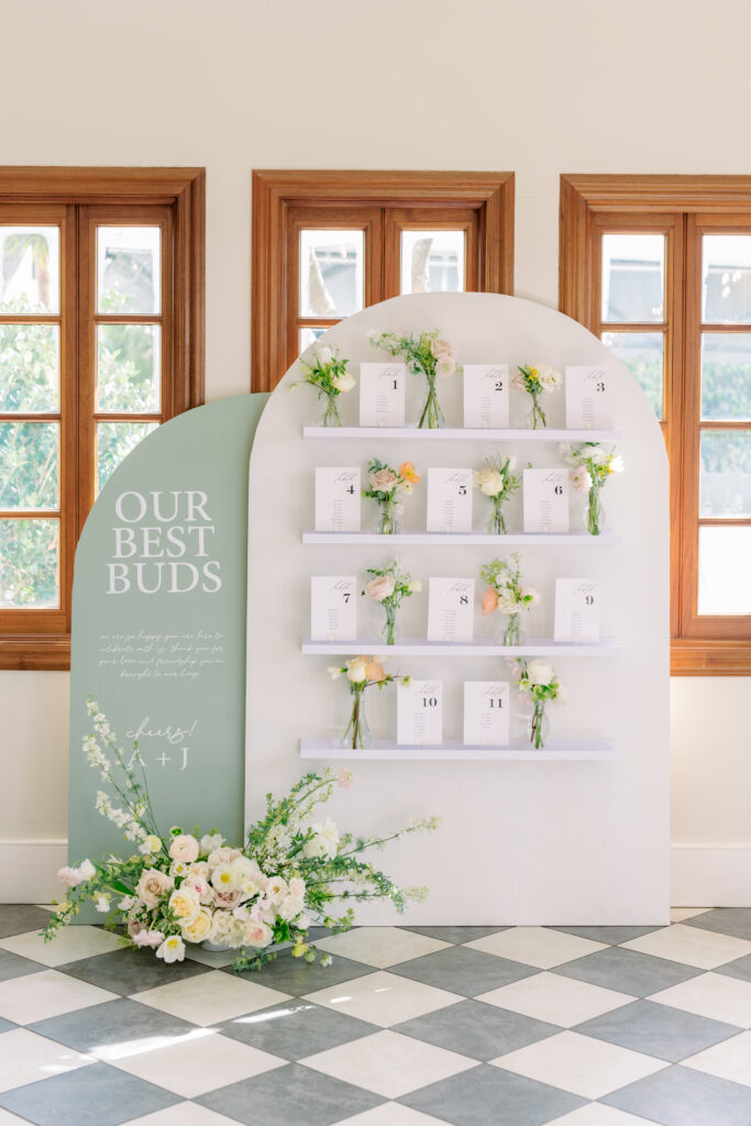 "Our Best Buds" seating chart decorated with flowers. Charleston spring wedding. 