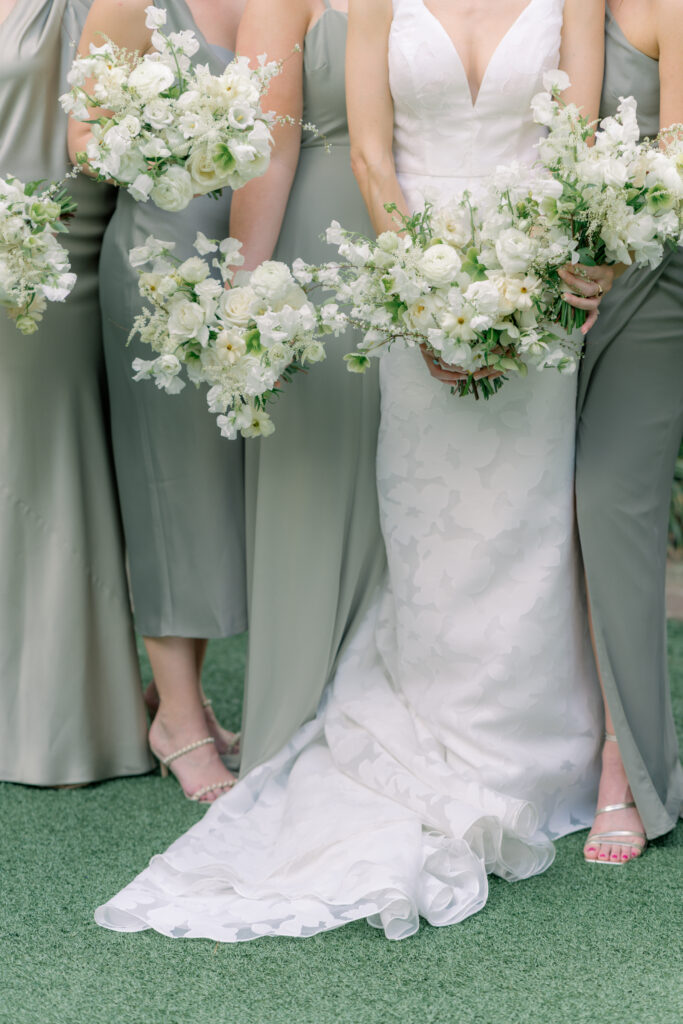 Close-up of bride and bridesmaids bouquets. 