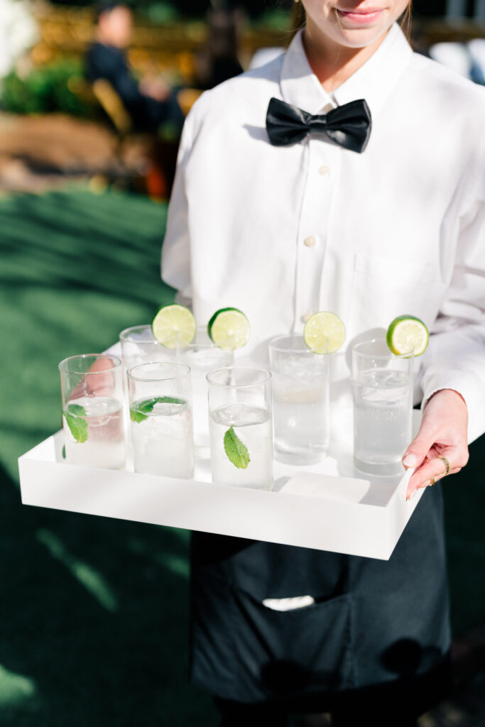 Mint and Lime water welcome wedding guests to outdoor wedding ceremony at William Aiken House. 