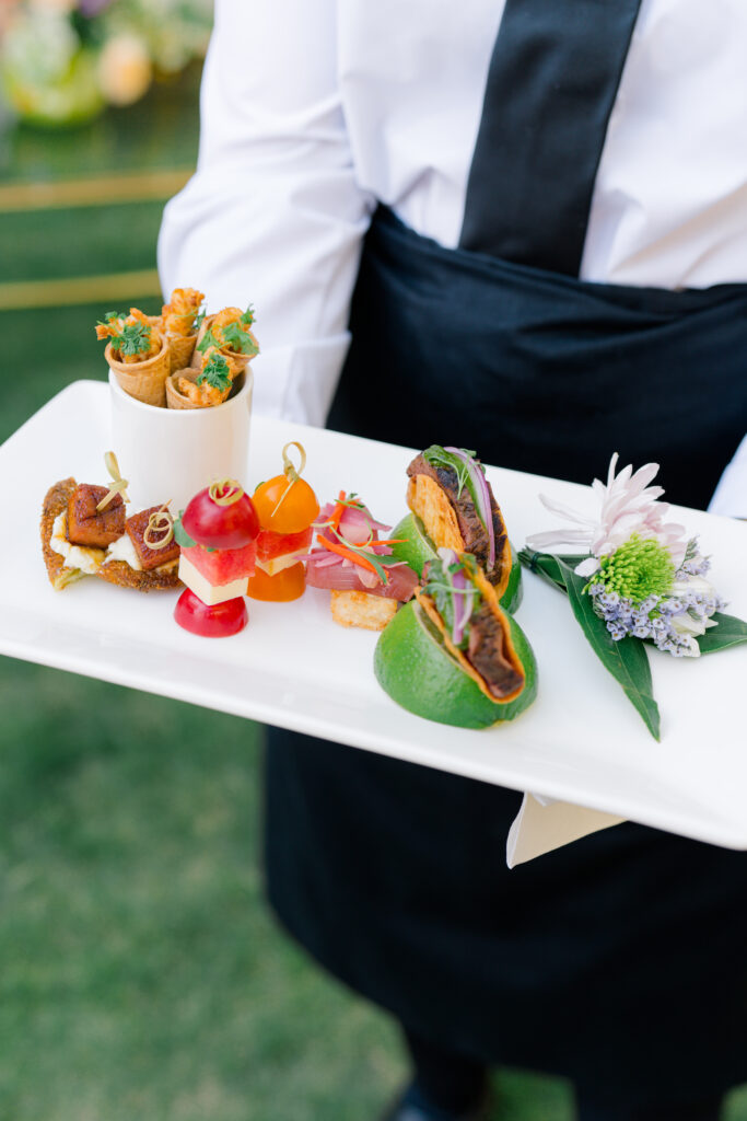 Colorful cocktail hour food at Charleston wedding. 