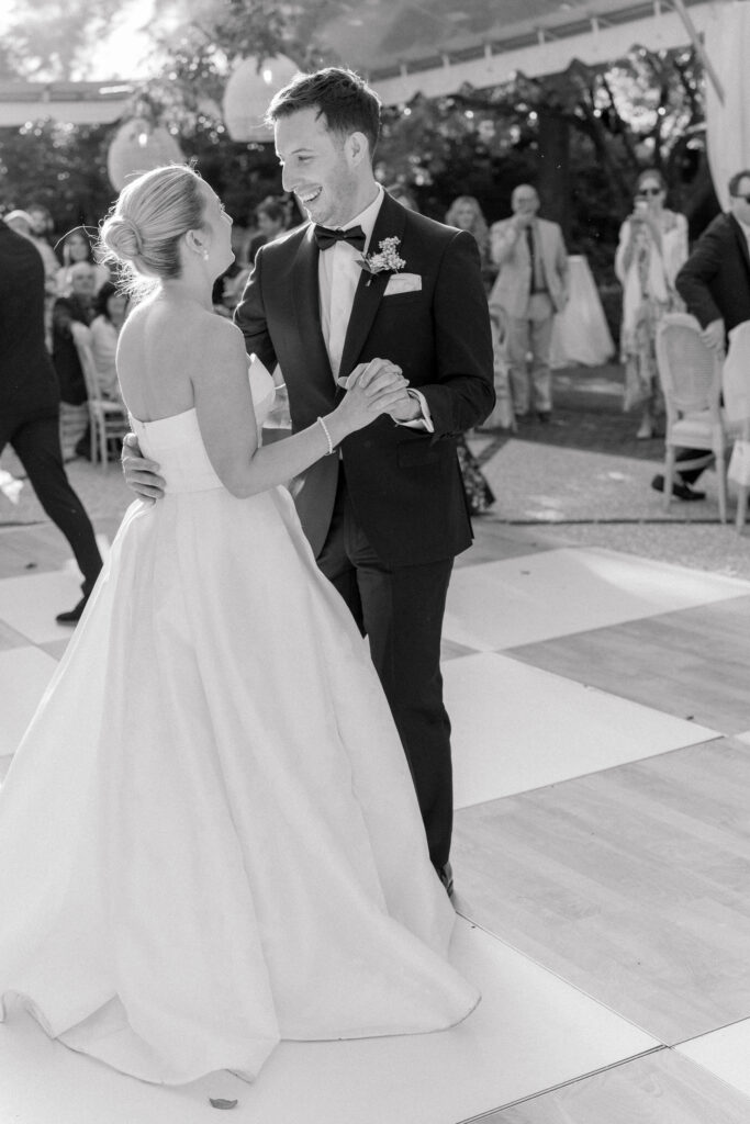 Black and white first dance wedding photo. 