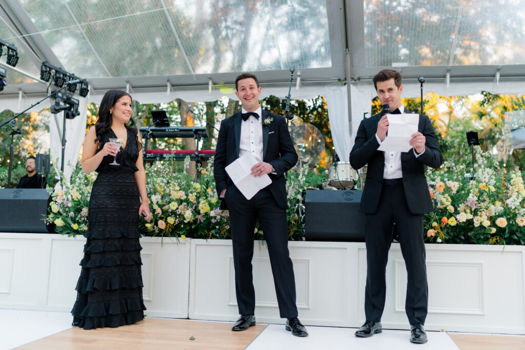 Groom's party speech at outdoor spring wedding. 