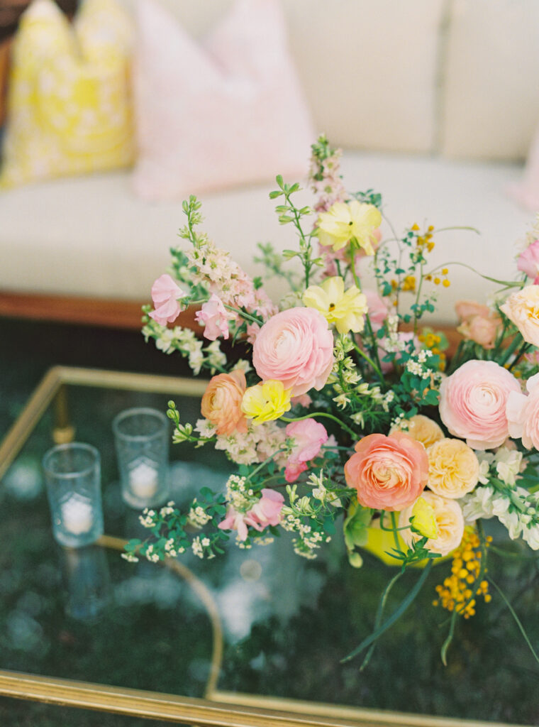 Cocktail hour couch with spring florals. 