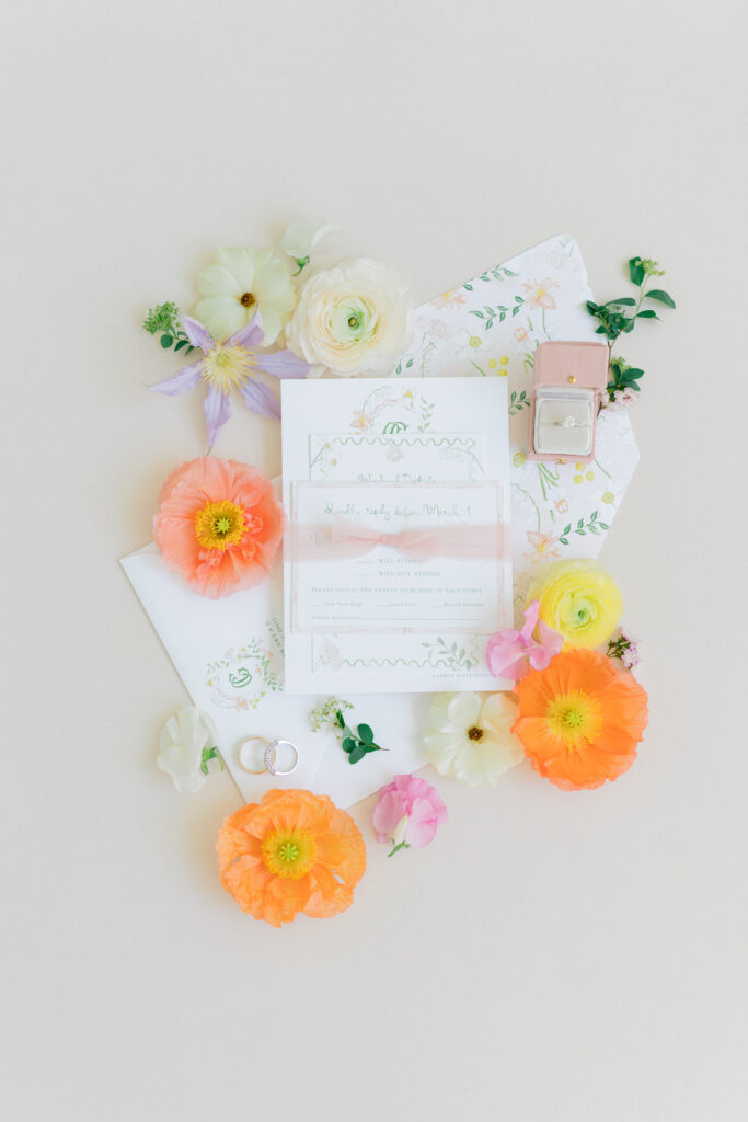 Pink and yellow wedding invitation for Charleston spring wedding.