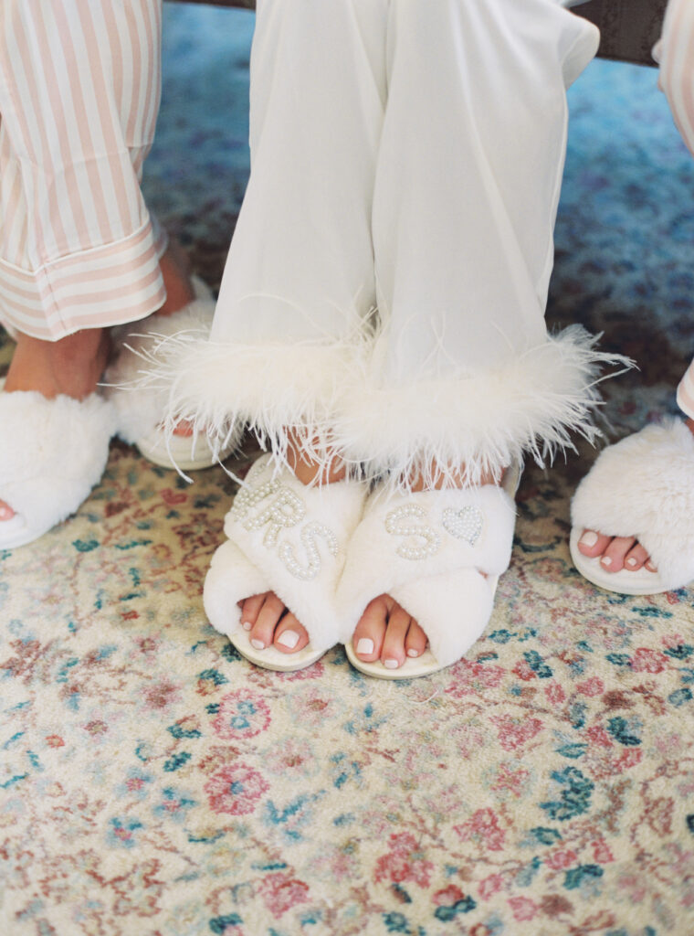 Custom pajama slippers at Thomas Bennett House spring wedding. 