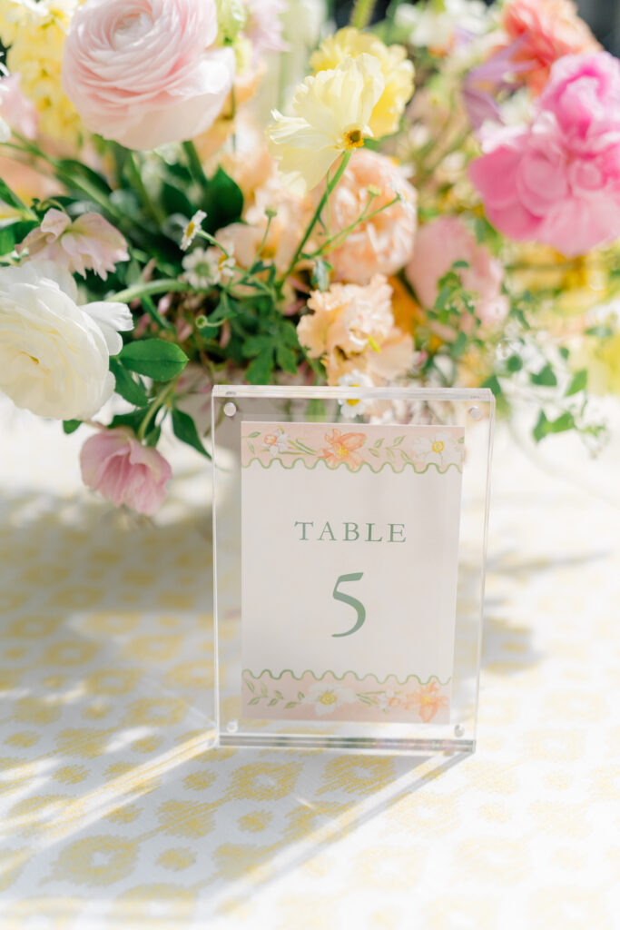 Pink and yellow spring wedding reception table number. 